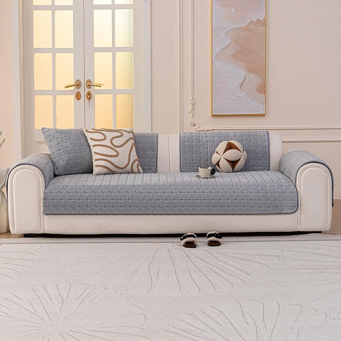 Velvet Sofa Covers Washable, Plush Warm Couch Cover for Loveseat, Funny Fuzzy Couch Covers for Pets&Kids, Non-Slip Sectional Sofa Cover(1PC, Light Grey, 35.4"×47.2", Loveseat)