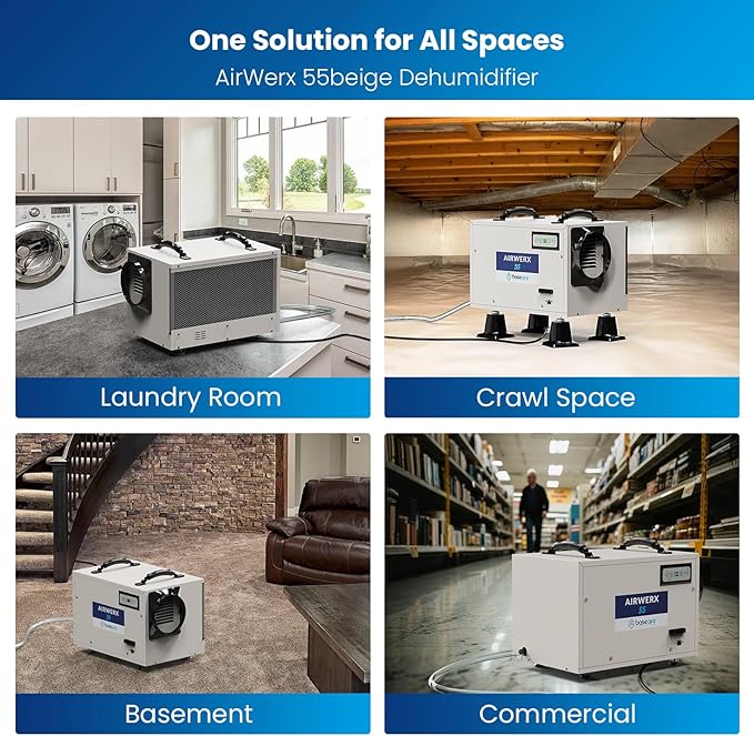BaseAire Crawl Space Dehumidifier,113 Pint Dehumidifiers with Drain Hose for Basement, Commercial, Industrial, Portable, Auto Defrost, Memory Starting
