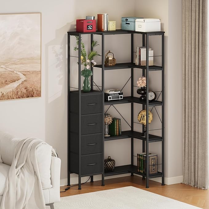 Corner Bookshelf with LED Light Strips & 4 Fabric Drawers, 5-Tier Convertible Corner Shelf with Display Shelf, Large Wood Industrial Bookcase for Living Room, Bedroom, Home Office, Black