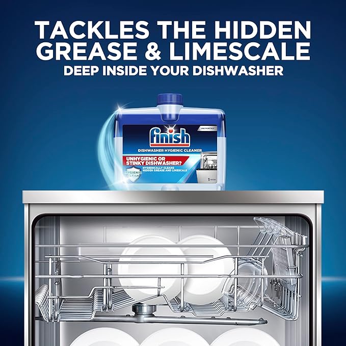 Bundle of Finish In-Wash Dishwasher Cleaner: Clean Hidden Grease and Grime, 3 Count, Pack of 4 + Finish Dishwasher Cleaner - Liquid Fresh 4x8.45 oz.