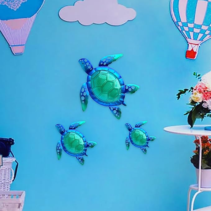 JOYBee Sea Turtle Wall Art Decor, Metal & Glass Sea Life Nautical Home Wall Hanging Decor,Ocean Theme Coastal Decorations for Indoor Outdoor Bathroom and Garden-Blue(Set of 3)