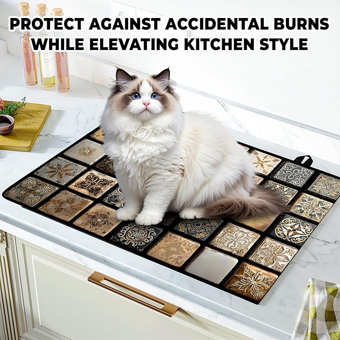Stove Top Cover Flower Gas Stove Top Cover for Home Decoration Kitchen Pad Non-Stick Washable Cooktop Covers Countertop Protector Keep Stove Clean (Brown, 28L"x20W")