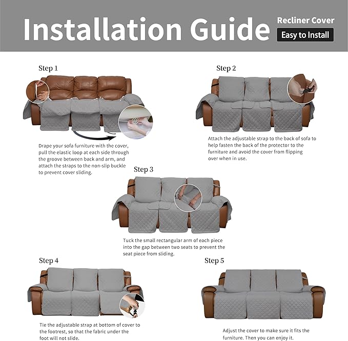 Easy-Going Oversized Recliner Sofa Cover, Reversible Couch Cover for 3 Seat Recliner, Split Sofa Cover for Each Seat with Elastic Straps for Kids, Dogs, Pets (3 Seater, Light Gray/Light Gray)