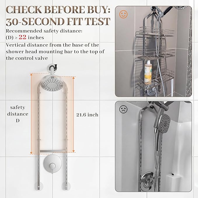 Aluminum Alloy Hanging Shower Caddy for Handheld Shower Heads, 3-Tier Adjustable Shower Rack, Rustproof Hose Hanging Shower Organizer with 2 S-Hooks, Silver
