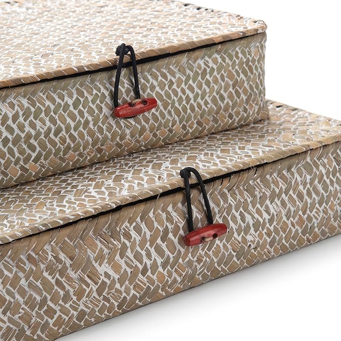 DOKOT Whitewash Flat Seagrass Storage Bins with Lid, Wicker Basket for Shelf Organize, Set of 2 (Small+Large)