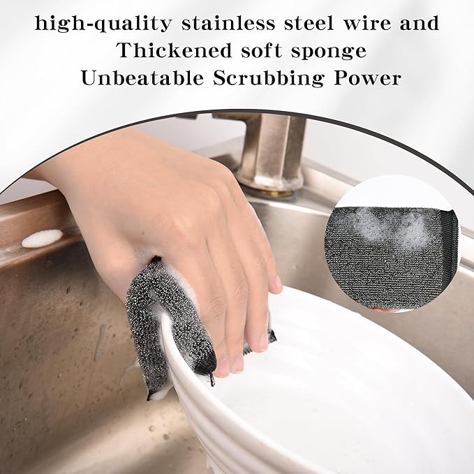 Steel-Wool Dish Sponges Kitchen Scrubbers - 6 Pack Non Scratch Heavy Duty Premium Scrub Sponges,Reusable Multipurpose Metal Cleans for Washing Dishes,Pots and Pans,Household Cleaning,Bathroom(Black)