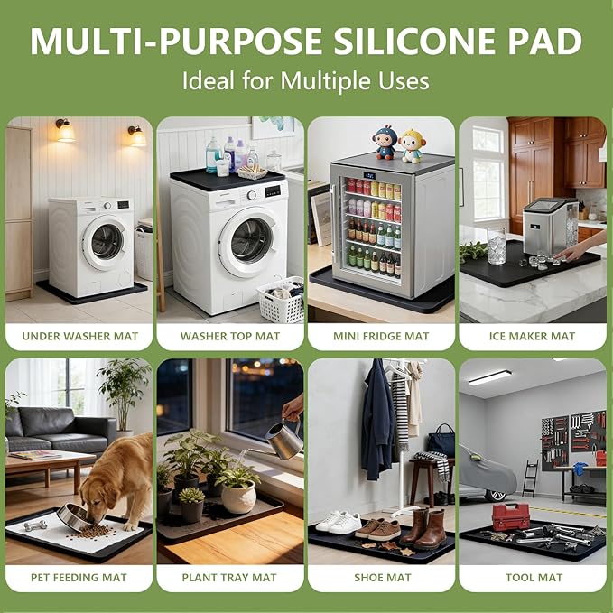 27×27×0.79inch Washing Machine Pan, With Raised Edge Washer Drip Tray, Drain Pan Silicone Mat, Foldable Portable Anti-Vibration Non-Slip Waterproof Pad, Smooth Surface (Black)