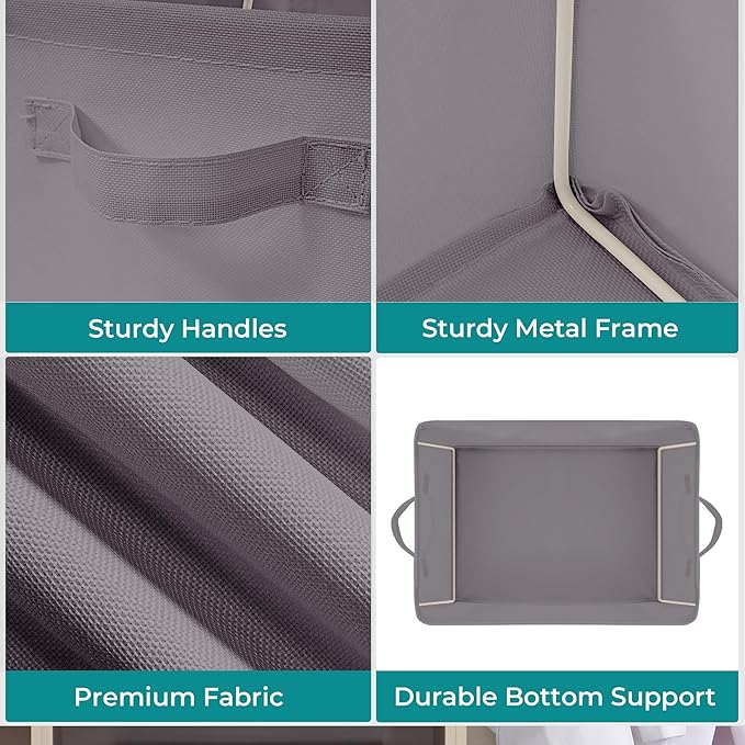 Storage Basket Bins with Metal Frame, Large Collapsible Fabric Storage Baskets for Organizing Shelf, Basket Organizer W/Handles for Towels, Laundry, Office, Home, 4-Pack, Grey