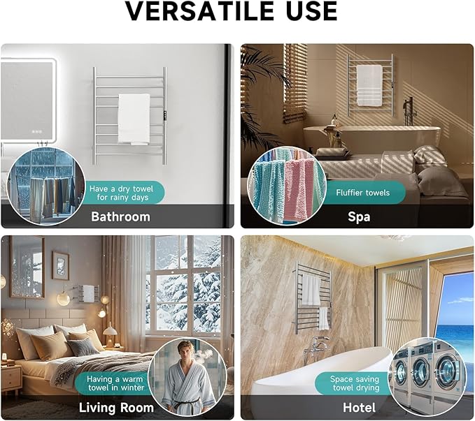 Wall Towel Warmer Rack for Bathroom - 8 bar Heated Towel Rack Timer and LED Indicator for Bathroom, Wall Mounted Electric Towel Rack, Stainless Steel Brushed, Plug-in