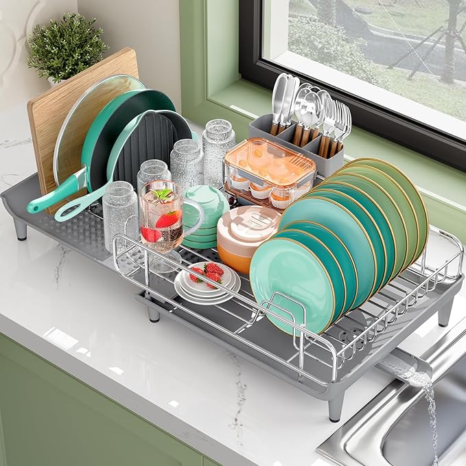 TOOLF Dish Drying Rack - Large Expandable Dish Rack for Kitchen Counter, Stainless Steel Dish Drainer for Kitchen Organization with Cutlery & Cup Holder,Gray