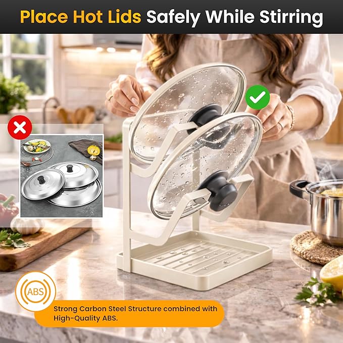 Pot Lid Holder with Removable Drip Tray, Multifunctional Double Layer Heavy Duty Pot Lid Organizer for Countertop, Kitchen Pot Lid Storage Rack for Covers, Cutting Boards, Utensils