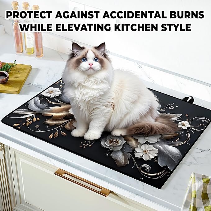 White flower Stove Top Cover Retro Flower Gas Stove Top Cover for Home Decoration Kitchen Pad Non-Stick Washable Cooktop Covers Countertop Protector Keep Stove Clean 28"x20"