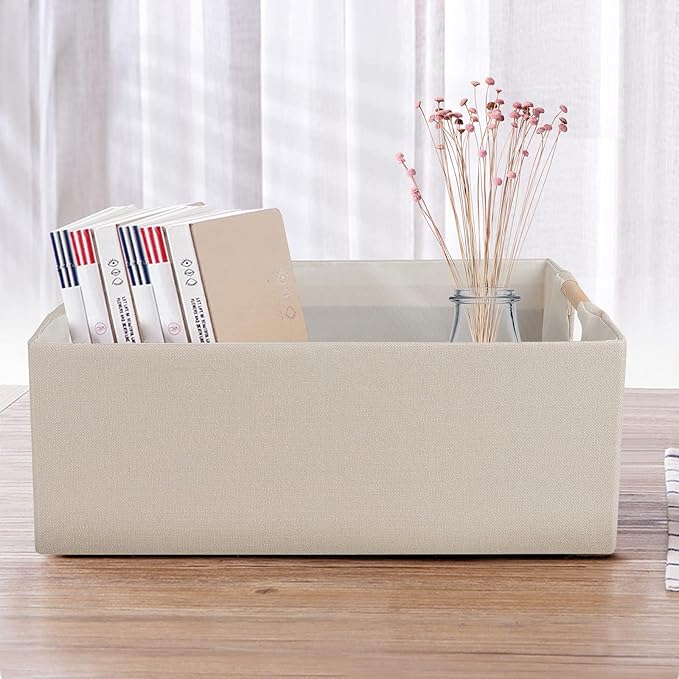 ANMINY 4PCS Storage Baskets for Organizing Collapsible Fabric Storage Bins Boxes with Wood Handles Closet Shelves Cube Organizer Bins Clothes Laundry Storage Container - Medium, Beige