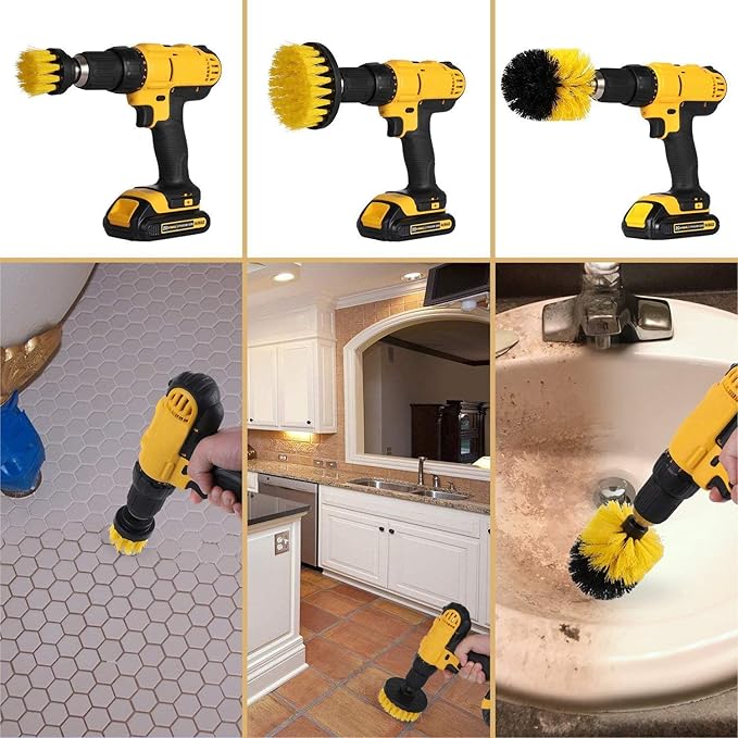 HUAWELL 8 Pack Drill Brush Power Scrubber Cleaning Brush Extended Long Attachment Set All Purpose for Bathroom Surfaces, Grout, Floor, Tub, Shower, Tile, Kitchen and Car (Yellow)