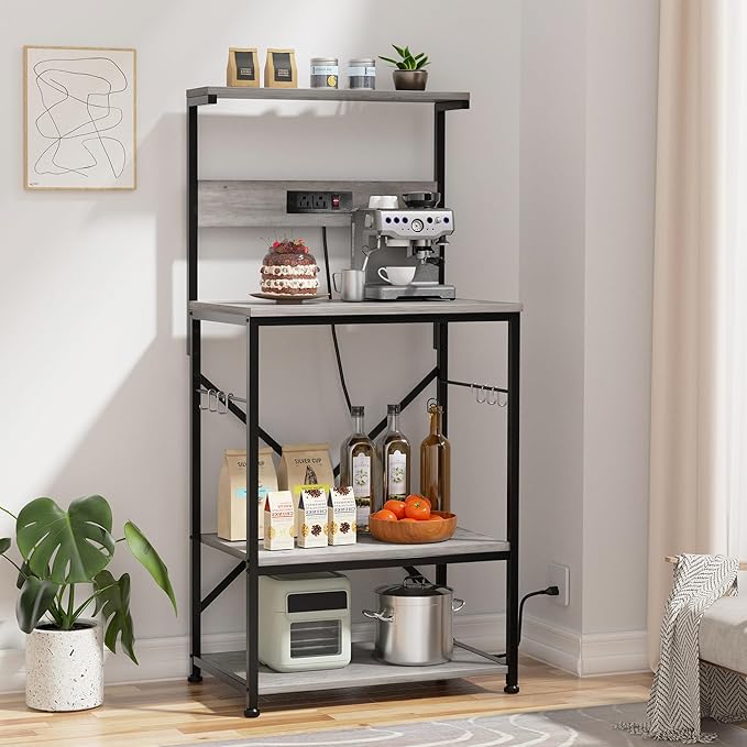 Shintenchi Bakers Rack with Power Outlet, Kitchen Organizers and Storage with 6 Hooks, Microwave Oven Stand, Kitchen Shelf for Spice, Coffee Station, Coffee Bar Table (Gray)