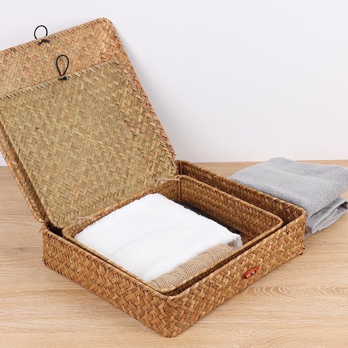 Flat Wicker Shelf Baskets with Lid, Seagrass Woven Basket Boxes for Storage Basket Bins Multipurpose Home Decor Organizer (Natural Set of 2)