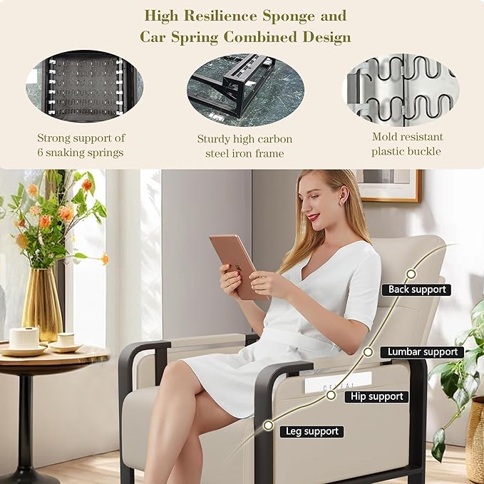 Modern Accent Chair PU Leather Upholstered Armchair with Tray Table for Bedroom Living Room Chairs Office Chair Beige