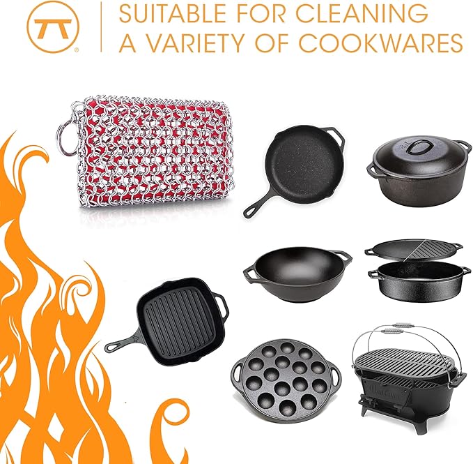 Outset Cast Iron Cleaning Set with Chain Scrubber and Cast Iron Seasoning Oil