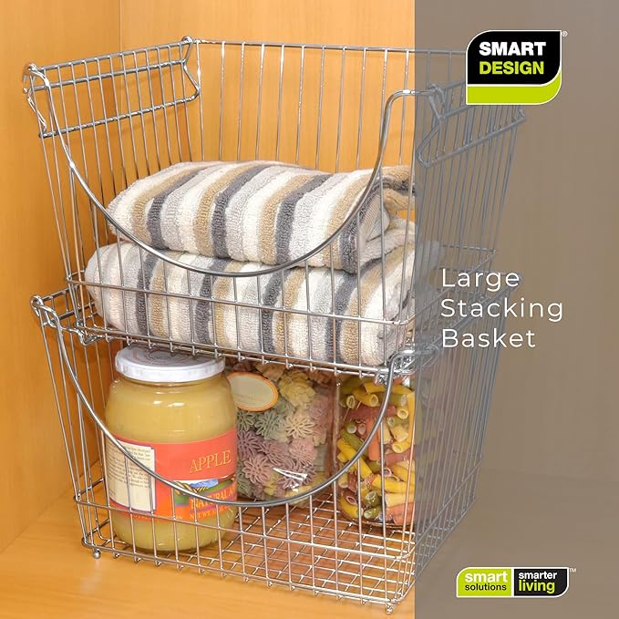 Smart Design Stacking Baskets with Handles - Set of 2 Large - Steel Metal Wire - Fruit Produce and Vegetable Safe Storage Bin Organizer - Pantry Counter Stand Rack - 12.5 x 8.5 Inch - Gunmetal