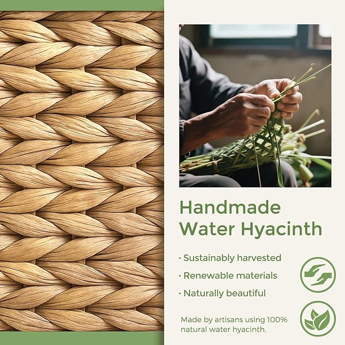 Wicker Storage Basket with Wooden Handles, Large Water Hyacinth Basket for Organizing Shelves, Natural Woven Storage Baskets for Snack, Gift, 1 Pack