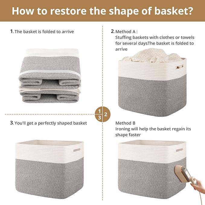OIAHOMY 13 Kallax Inch Cube Storage Bins, 3-Pack Cotton Rope Woven Baskets for Organizing, Kallax Insert Storage Baskets for Shelves, Baby Nursery, Closet Organizer, 15 * 13 * 12.6IN, Grey & White