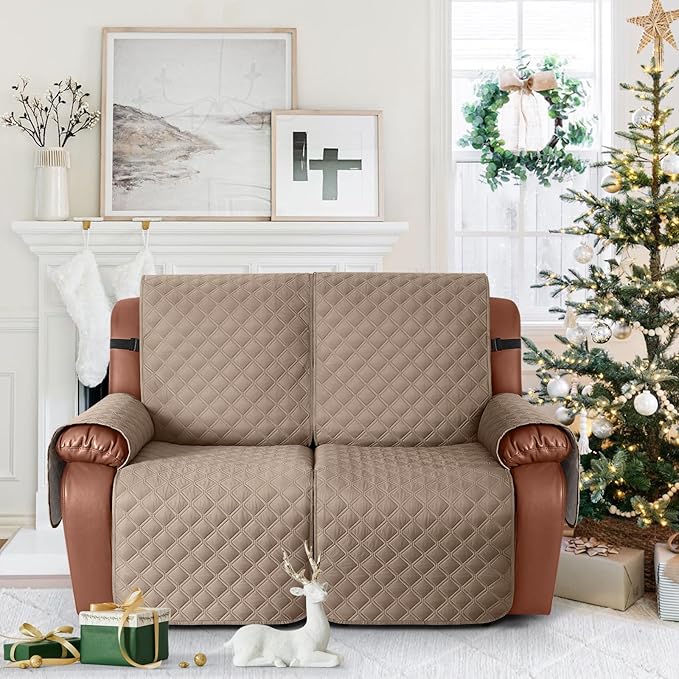 Ruaozz Waterproof Recliner Sofa Covers, 1-Piece Couch Covers for Reclining Couches Reclining Couch Cover Washable Furniture Protector with Elastic Straps Pocket for Kids Pets (Light Brown, 2 Seater)
