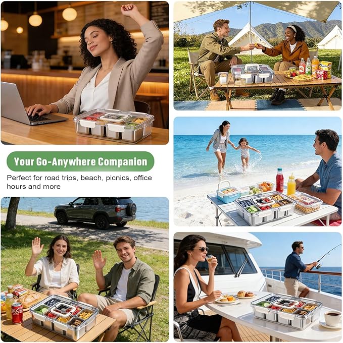 Snackle Box Container, 304 Stainless Steel Divided Serving Tray with Lid and Handle, Portable 8 Compartments Veggie Tray for Fruits,Veggies,Nuts &Candy, Dishwasher Safe for Travel,Picnic,Beach&Parties