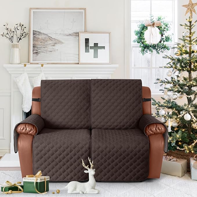Ruaozz Waterproof Recliner Sofa Covers, 1-Piece Couch Covers for Reclining Couches Reclining Couch Cover Washable Furniture Protector with Elastic Straps Pocket for Kids Pets (Chocolate, 2 Seater)