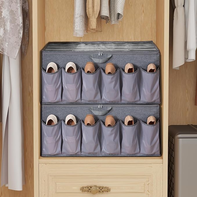 Shoe Organizer for Closet, Shoe Storage Solution with Clear Cover & Adjustable Dividers, Fabric Shoe Box Fits 16 +12 Pairs Shoes, Grey, 1-Pack