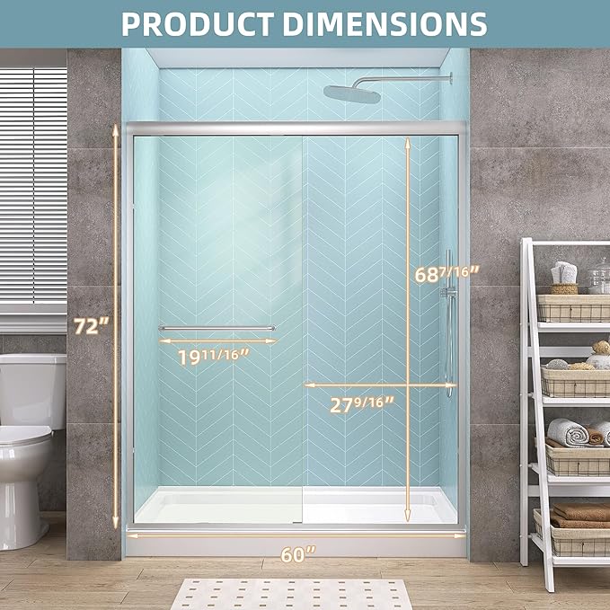 GETPRO Semi-Frameless Shower Door Double Sliding 56-60 in. W x 72 in. H Bypasss Bathroom Glass Shower Sliding Doors,1/4 inch Clear Tempered Glass Door for Walk-in Shower Brushed Nickel