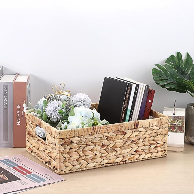 Hipiwe Wicker Storage Basket Bin Rectangular Wicker Baskets with Handles Natural Water Hyacinth Pantry Baskets Large Handwoven Basket Bin for Shelves Home Office Organizing,15"x10.2"