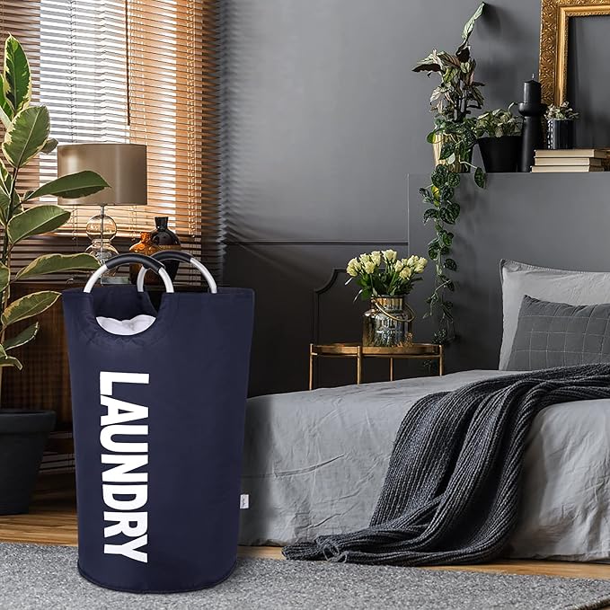 Large Laundry Basket Collapsible,Freestanding Clothes Hamper Bag with Handles – Tall Folding Dirty Laundry Bin,Sturdy Laundry Sorter for College Dorm,Laundry Room – 130L (Navy Blue)