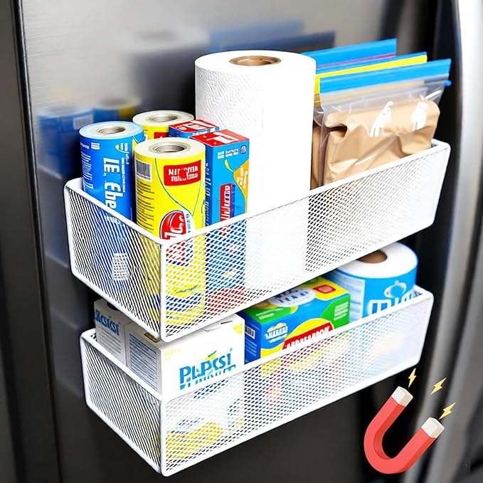 Magnetic Basket Organizer Holder for Fridge,Magnetic Shelf for Washing Machine, Magnetic Mesh Basket, Black Rectangular Steel Shelf Organizer, 10.43 x 4.92 x 3.15 Inches (Black , 2pack)