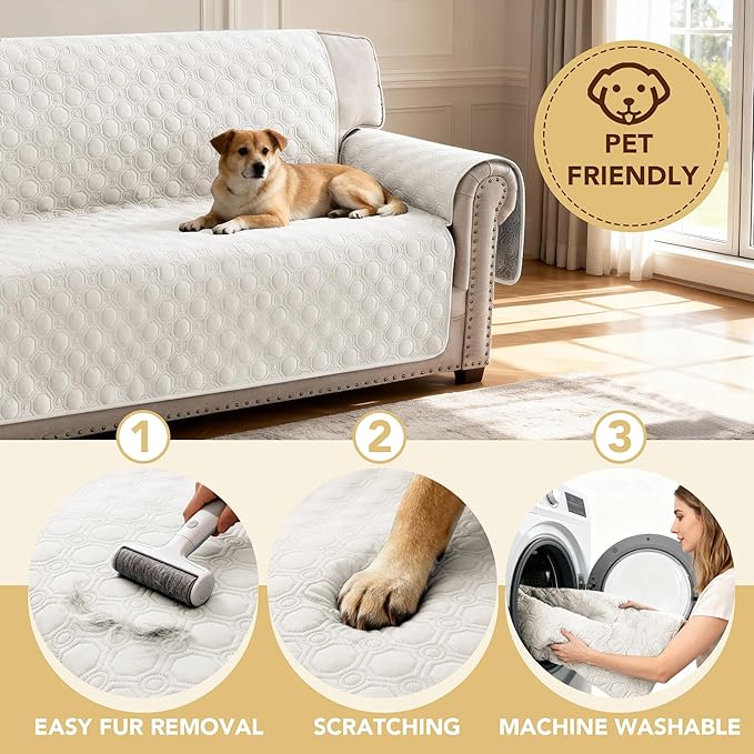 H.VERSAILTEX 100% Waterproof Couch Cover for 3 Cushion Couch Sofa Cover Washable for Pet Friendly with Elastic Straps Thick Durable Sofa Cover with Storage Pocket(XL Sofa, Beige)