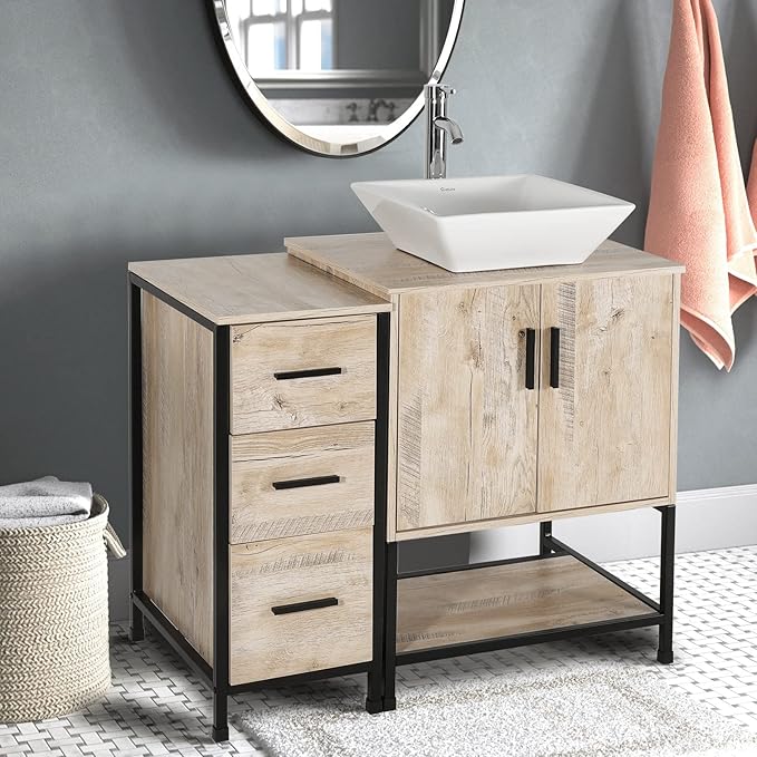 eclife 36" Bathroom Vanity Sink Combo Modern Metal Stand Cabinet W/Bottom Shelf & Storage Side Cabinet White Square Vessel Sink & Water Save Faucet & Pop Up Drain, Oak (A07)
