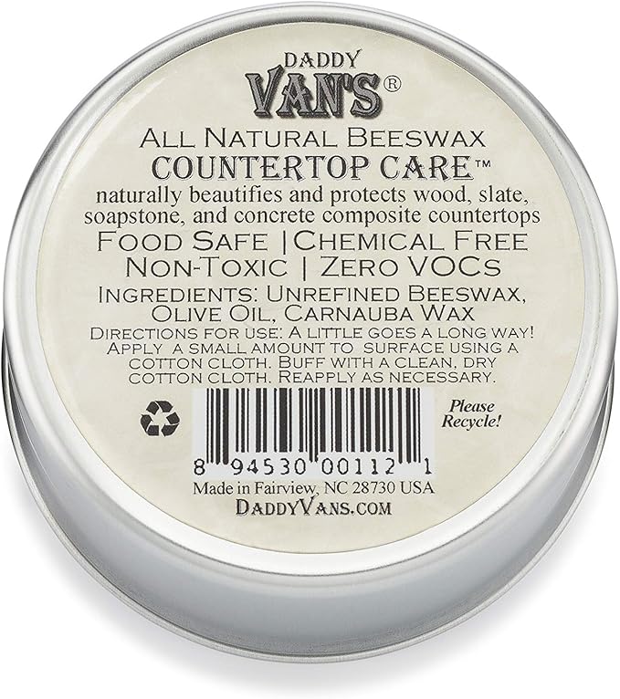 Daddy Van's® All Natural Beeswax Countertop Care for Soapstone, Slate, Concrete Composite and Butcher Block Counter Tops - Food Safe, Chemical-Free and Non-Toxic - 6 Oz. Tin
