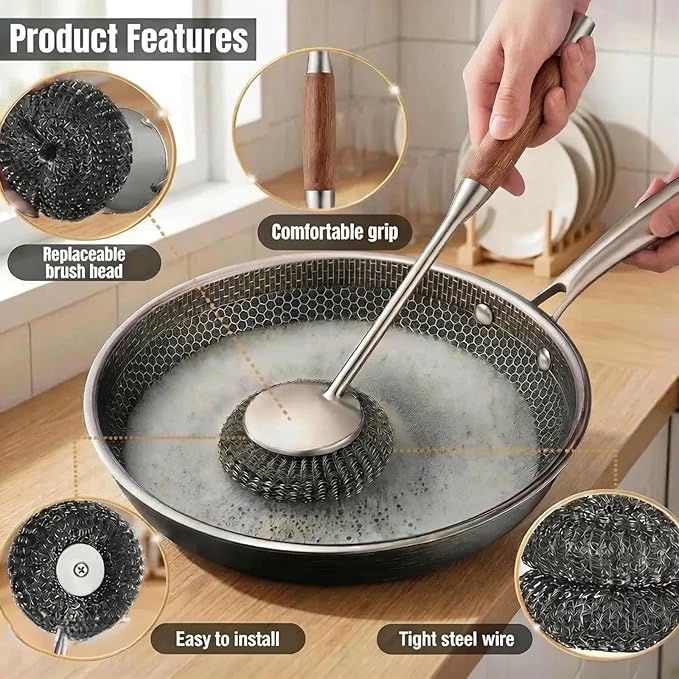 2-Pack Stainless Steel Scrubber Set with 2 Pcs Pads, Steel Wool & Steel Ball Cleaning Brush with Replaceable Heads, Heavy Duty Steel Cleaner for Oven, Stove, Dishes & Grill