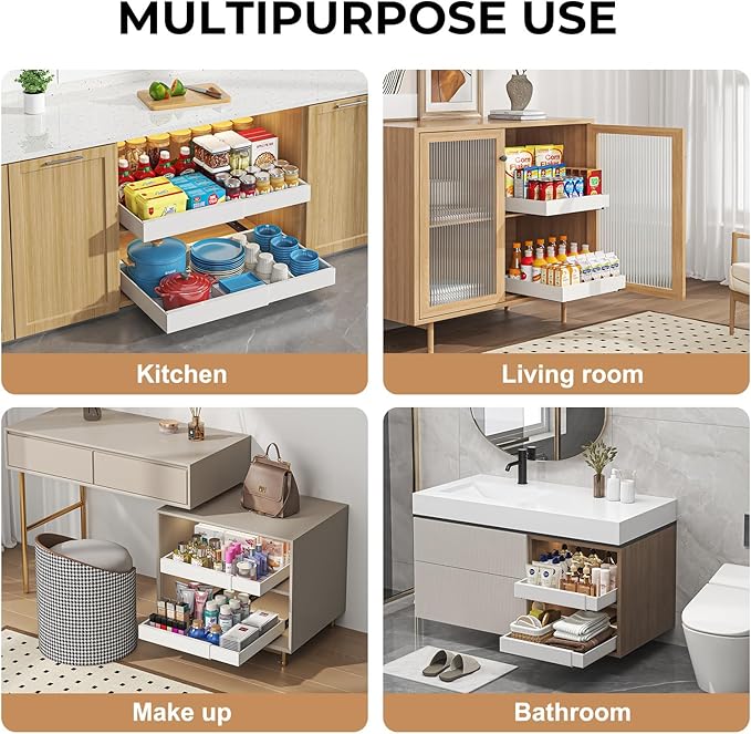 Pull Out Cabinet Organizer, 2PCS 16.5"Deep Expandable Heavy Duty Pull Out Drawers for Cabinets Fixed with Adhesive Film, Peel Stick Slide Out Drawers for Kitchen Pantry Bathroom, No Screw (White)