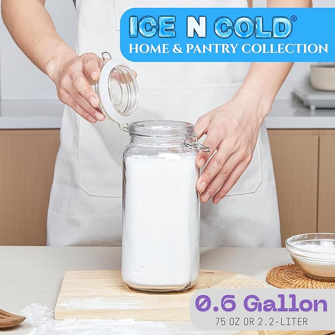 Airtight Glass Storage Jars with Clamp Lid β Food Storage Containers with Rubber Gasket Seal β Pantry & Kitchen Canisters for Dry Goods, Coffee, Sugar, Pasta β 0.4L to 4L Sizes (4, 75oz | 2.2L)