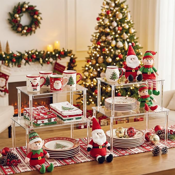 Delamu Clear Kitchen Cabinet Organizer, Set of 4 Acrylic Shelf Organizer for Cupboard Organizers and Storage, Stackable Cabinet Shelf for Plate, Dish, Bowl, Cup & Mug, 11.7" W x 7.7" D x 6.3" H