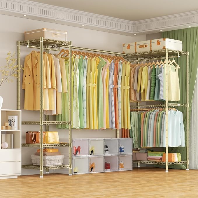 E10L L-Shaped Clothes Rack for Corner(With Expandable Hanger Rod)Heavy Duty Freestanding Clothing Racks for Hanging Clothes,Portable Garment Rack 58-82"W x 30"D x 72"H,Max Load 900LBS,Gold