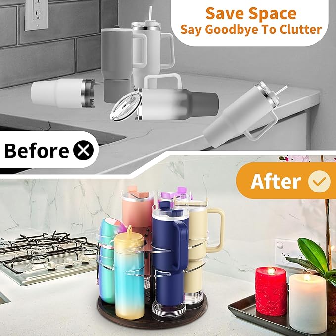 Water Bottle Organizer for Stanley 20/30/40oz, Acrylic Rotating Tumbler Organizer Holder Lazy Susan, Vintage Water Bottle Storage for Kitchen Cabinets, Convenient Stanley Cup Accessories