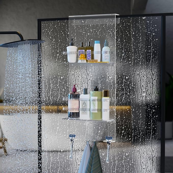 Nynelly Over The Door Shower Caddy, Acrylic Shower Caddy Shelf with Hooks, No Drilling Adjustable Hanging Shower Organizer for Bathroom Storage, Body Wash Shampoo Holder
