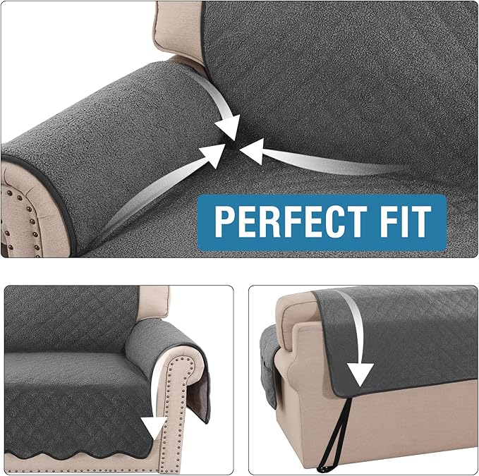 H.VERSAILTEX Waterproof Quilted Couch Covers Non Slip Sofa Covers Protector Slipcovers for Dogs Couch Covers for 2 Cushion Couch Sofa Pet Furniture Protector Modern Fleece Fabric (Loveseat,Charcoal)