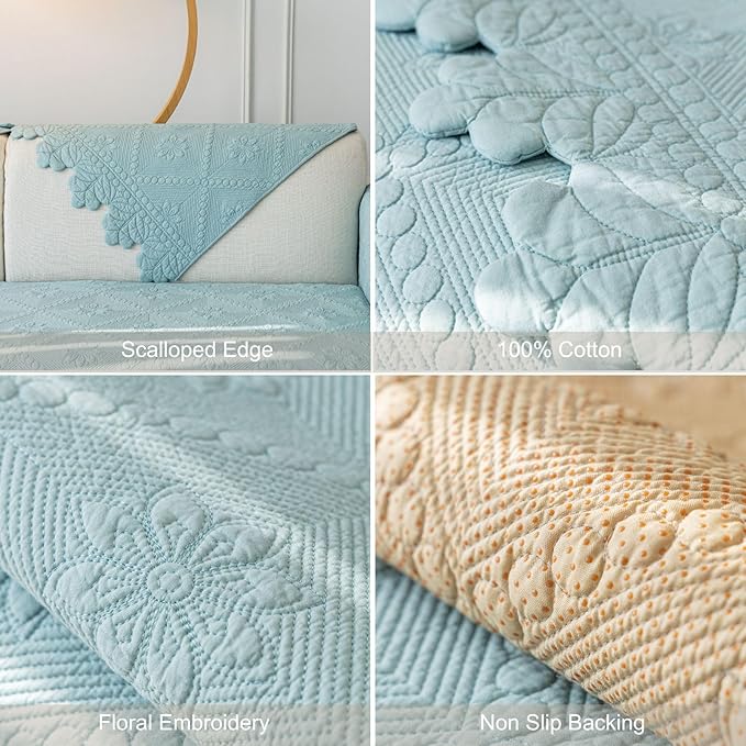 Cotton Quilted Dog Couch Cover for Sofa Farmhouse Rustic Embroidery Sectional Couch Cover Soft Anti-Slip Sofa Slipcover Furniture Protector for Kids, Pets (Blue,43"x70")
