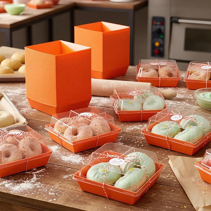 Outus 100 Pack Charcuterie Boxes with Clear Lids, 5.7 x 5.1 '', Mother 's Day Back to School Paper Food Containers Cake Take out Bakery Boxes with Gift Tags Rope for Desserts(Orange,Classic)