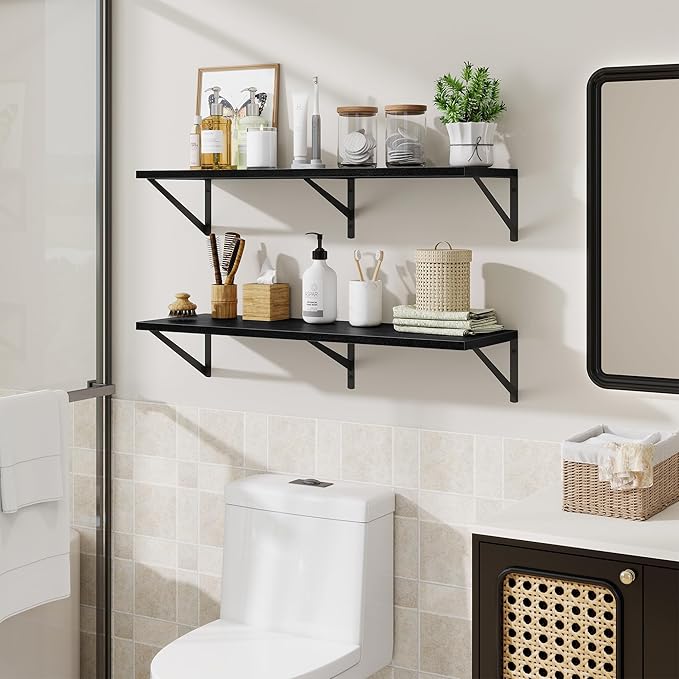Black Deep Floating Shelves for Wall,36" Wx10 D Wood Wall Shelves with Metal Brackets,Hanging Storage Floating Shelf for Living Room,Bedroom,Bathroom,Office,Kitchen