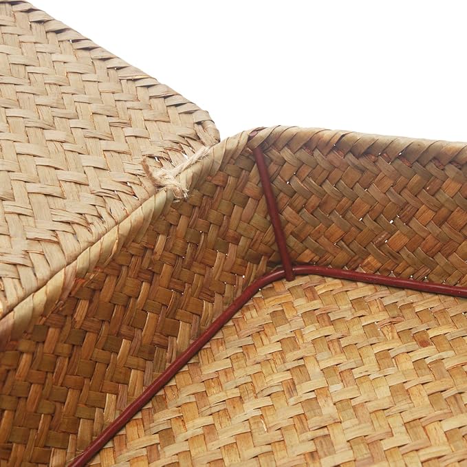 DOKOT Flat Seagrass Storage Bins with Lid, Wicker Basket for Shelf Organize, Set of 2 (Small+Large)