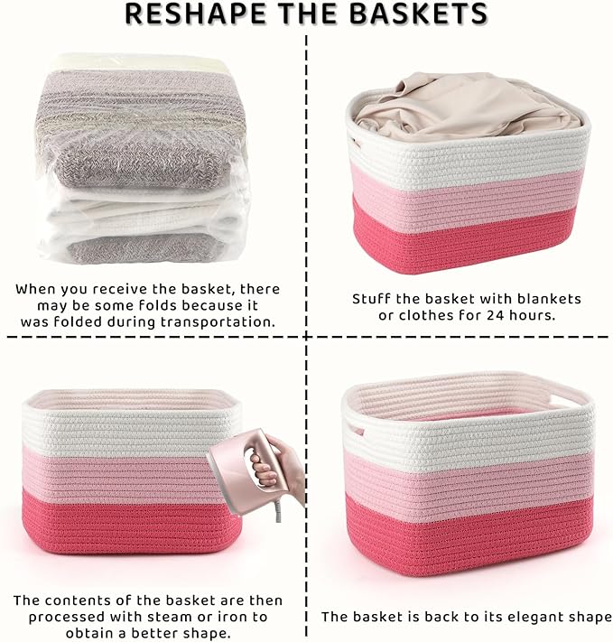4 Pack Storage Baskets for Organizing, 12''Lx10''Wx8''H Woven Baskets for Storage Toys, Towels, Books, and Clothes, Cotton Rope Basket for Shelves with Handle (White & Pink)