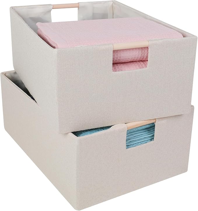 ANMINY 2PCS Storage Baskets for Organizing Collapsible Fabric Storage Bins Boxes with Wood Handles Closet Shelves Cube Organizer Bins Clothes Laundry Storage Container - Small, Beige
